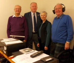 Dunfermline Sound Team with MSP Bill Walker: Treasurer David Black (left), Sound Engineer Margaret Pearson, Magazine Editor Jim Jarvie (right).