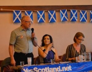 Dennis Canavan addresses the meeting, with Tasmina Ahmed-Sheikh (centre) and Shirley-Anne Somerville (right)
